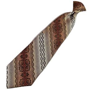 Vintage LILLY DACHE Tie Striped Geometric Clip-On Wide Brown Tan Mens Retro